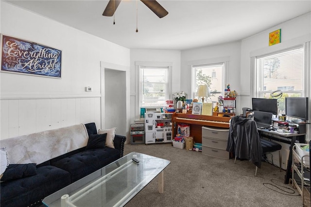 233 Waterman Ave, East Providence, RI 02914 - office with ceiling fan, healthy amount of natural light, carpet flooring, and a wainscoted wall