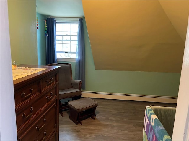 37 Kermit St, Woonsocket, RI 02895 - bedroom featuring baseboard heating, wood finished floors, and vaulted ceiling