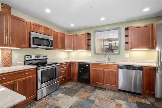 1 Tupperware Dr Unit 231, North Smithfield, RI 02896 - kitchen with stainless steel appliances, open shelves, recessed lighting, dark stone finish flooring, and brown cabinets