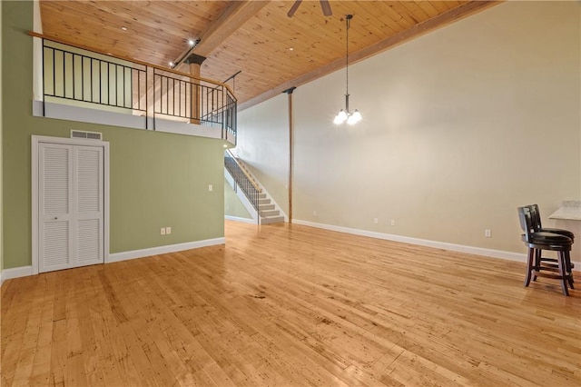 1 Tupperware Dr Unit 231, North Smithfield, RI 02896 - unfurnished living room with a wood ceiling with exposed beams, high vaulted ceiling, stairway, wood finished floors, and a ceiling fan