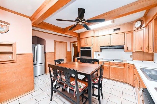 542 Prospect St, Woonsocket, RI 02895 - kitchen with stainless steel appliances, beam ceiling, light countertops, a ceiling fan, and light tile patterned floors