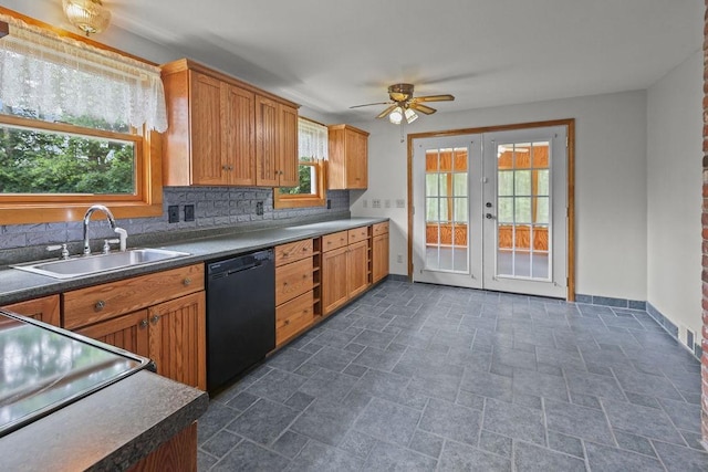 22 Oakridge Rd, Scituate, RI 02857 - kitchen with black dishwasher, french doors, a ceiling fan, stove, and stone finish flooring