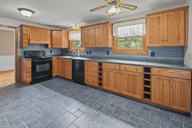 22 Oakridge Rd, Scituate, RI 02857 - kitchen with black appliances, backsplash, open shelves, ceiling fan, and brown cabinetry