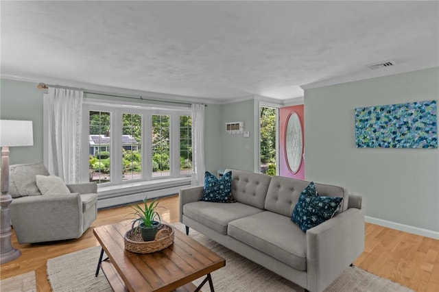 55 Atherton Rd, East Greenwich, RI 02818 - living room featuring a baseboard heating unit, healthy amount of natural light, crown molding, and wood finished floors