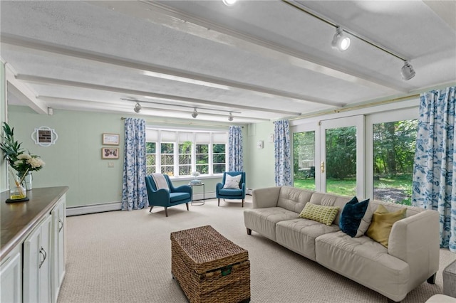 55 Atherton Rd, East Greenwich, RI 02818 - living area featuring track lighting, light carpet, beamed ceiling, and baseboard heating