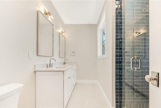 0 Freedom Trail Dr, Portsmouth, RI 02871 - full bathroom with double vanity, tile patterned flooring, and a tile shower