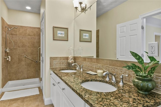 99 Preservation Way S, Kingstown, RI 02879 - full bath with a tile shower, decorative backsplash, double vanity, and tile patterned floors