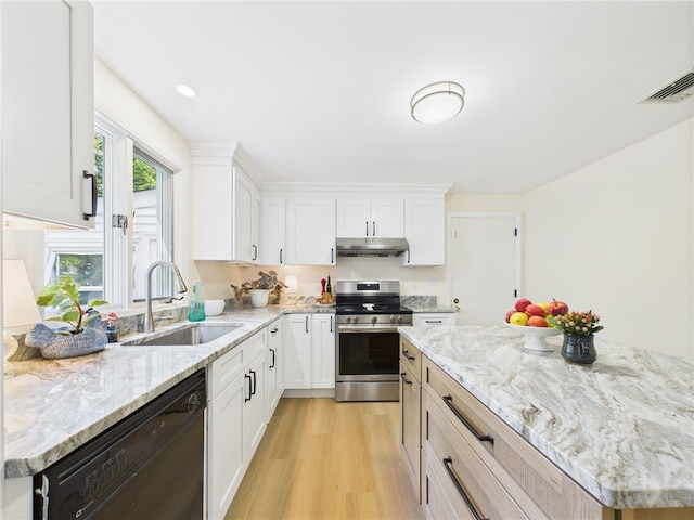 65 Bayberry Ln, East Greenwich, RI 02818 - kitchen featuring stainless steel electric range oven, black dishwasher, light wood-style flooring, white cabinets, and under cabinet range hood