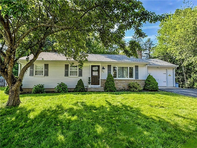 65 Bayberry Ln, East Greenwich, RI 02818 - ranch-style home with a garage, asphalt driveway, a chimney, and a front yard