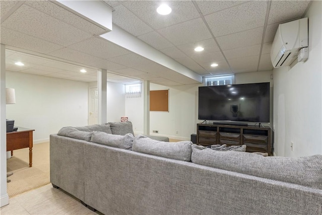 6 Fleuette Dr, Bellingham, MA 02019 - carpeted living room with a wall mounted air conditioner, recessed lighting, and a drop ceiling