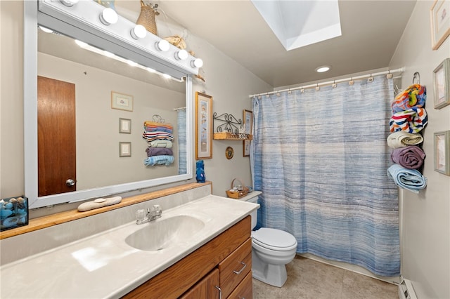 143 Juniper Rd, South Kingstown, RI 02879 - full bathroom featuring a baseboard radiator, vanity, and a shower with shower curtain