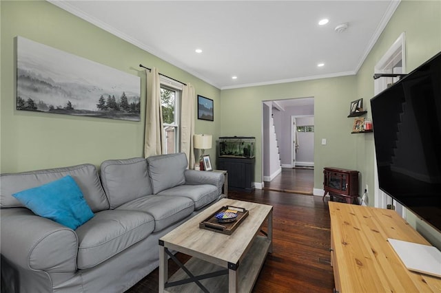 100 Pine Grove St, East Providence, RI 02916 - living room featuring wood finished floors, ornamental molding, and recessed lighting