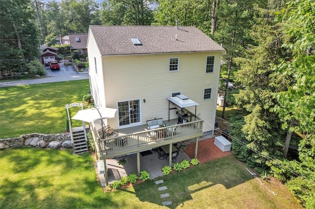 21 Laurel Dr, Glocester, RI 02814 - rear view of property featuring a wooden deck, a shingled roof, stairway, and a yard