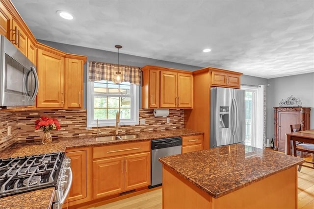 21 Laurel Dr, Glocester, RI 02814 - kitchen with stainless steel appliances, decorative backsplash, dark stone counters, and recessed lighting