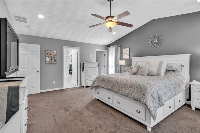 21 Laurel Dr, Glocester, RI 02814 - bedroom featuring carpet, vaulted ceiling, recessed lighting, ensuite bathroom, and ceiling fan