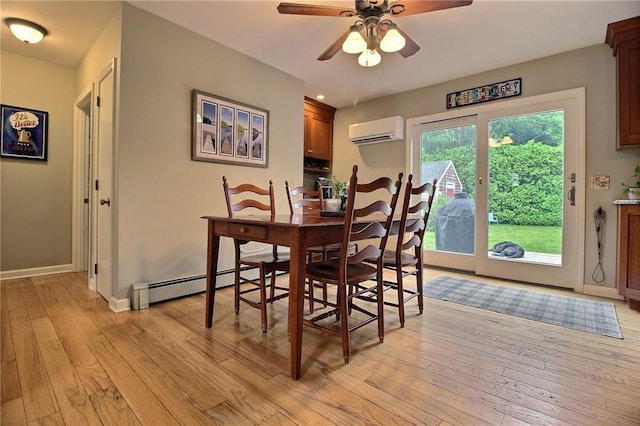 10 N Dr, Westerly, RI 02891 - dining space featuring a wall unit AC, a ceiling fan, a baseboard radiator, and light wood-style flooring