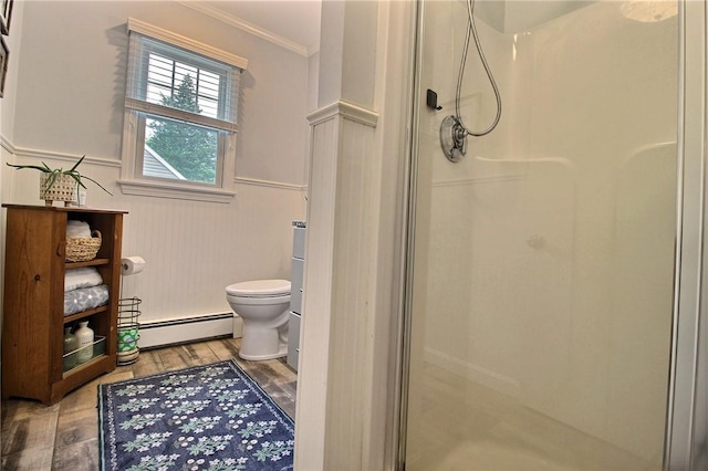 10 N Dr, Westerly, RI 02891 - full bath featuring a baseboard radiator, crown molding, a stall shower, wainscoting, and wood finished floors