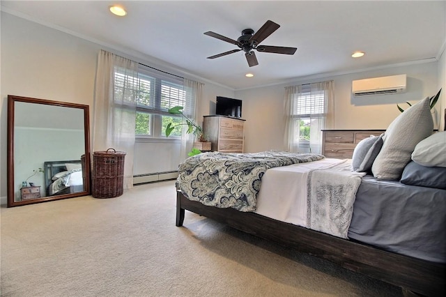 10 N Dr, Westerly, RI 02891 - carpeted bedroom featuring a wall unit AC, baseboard heating, ornamental molding, multiple windows, and recessed lighting