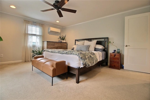 10 N Dr, Westerly, RI 02891 - bedroom with a wall mounted AC, light carpet, ornamental molding, recessed lighting, and ceiling fan
