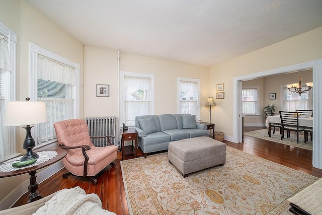 40 Vine St, East Greenwich, RI 02818 - living room featuring radiator heating unit, a chandelier, and wood finished floors
