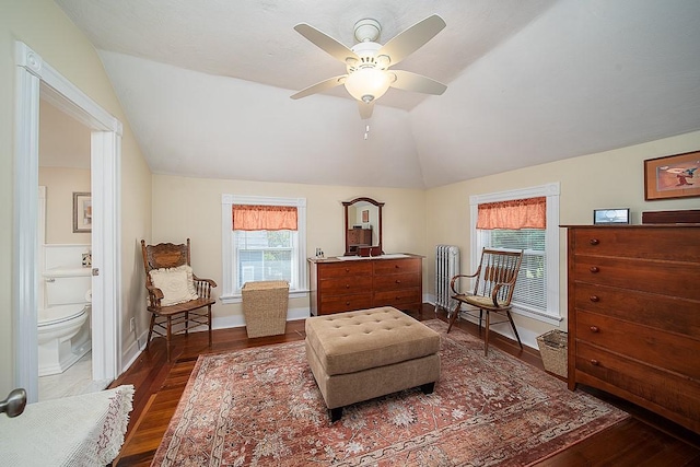 40 Vine St, East Greenwich, RI 02818 - living area featuring vaulted ceiling, dark wood finished floors, and ceiling fan