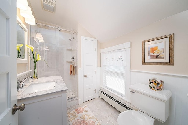 40 Vine St, East Greenwich, RI 02818 - bathroom with vanity, a shower stall, lofted ceiling, a baseboard radiator, and wainscoting