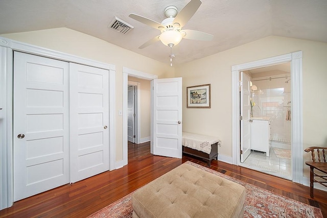 40 Vine St, East Greenwich, RI 02818 - bedroom with hardwood / wood-style flooring, lofted ceiling, a closet, a ceiling fan, and ensuite bathroom