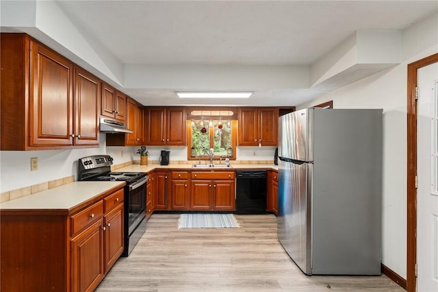 1451 Ministerial Rd, South Kingstown, RI 02879 - kitchen featuring freestanding refrigerator, range with electric stovetop, dishwasher, under cabinet range hood, and light wood-style flooring