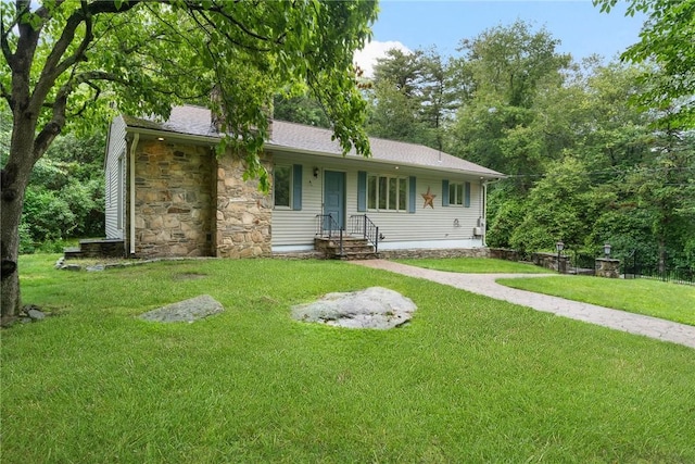 9 Esek Hopkins Rd, Scituate, RI 02857 - single story home featuring a front lawn, stone siding, and roof with shingles