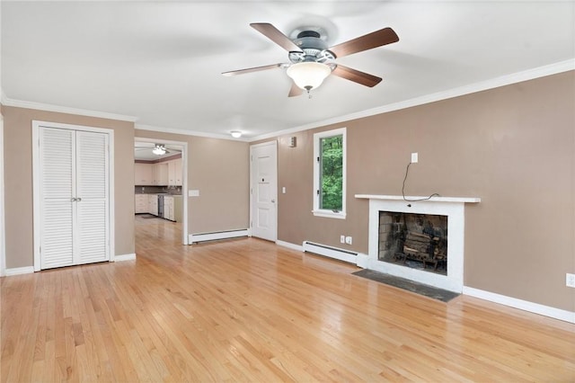9 Esek Hopkins Rd, Scituate, RI 02857 - unfurnished living room featuring a baseboard radiator, a ceiling fan, a fireplace with flush hearth, light wood-style floors, and ornamental molding