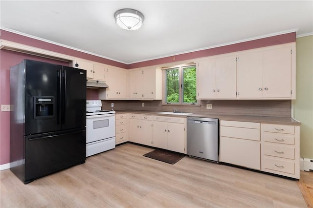 9 Esek Hopkins Rd, Scituate, RI 02857 - kitchen with black fridge with ice dispenser, stainless steel dishwasher, white electric stove, under cabinet range hood, and light wood-type flooring