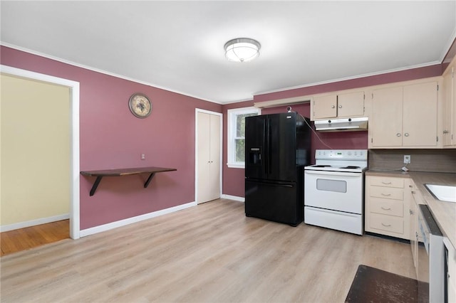 9 Esek Hopkins Rd, Scituate, RI 02857 - kitchen featuring black fridge with ice dispenser, under cabinet range hood, electric range, light wood-style flooring, and dishwasher