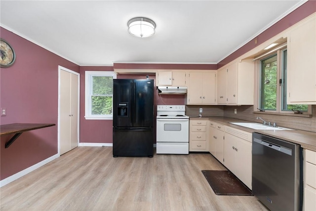 9 Esek Hopkins Rd, Scituate, RI 02857 - kitchen with black fridge, dishwasher, white range with electric stovetop, under cabinet range hood, and light wood-style flooring