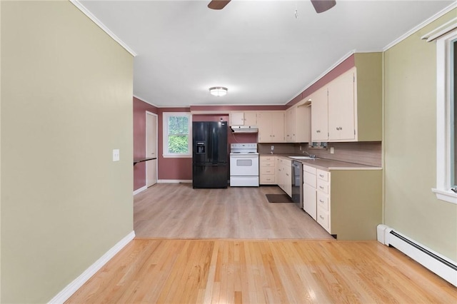 9 Esek Hopkins Rd, Scituate, RI 02857 - kitchen featuring black refrigerator with ice dispenser, electric stove, a baseboard heating unit, a ceiling fan, and under cabinet range hood