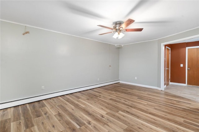 9 Esek Hopkins Rd, Scituate, RI 02857 - empty room featuring ornamental molding, ceiling fan, a baseboard heating unit, and light wood-type flooring