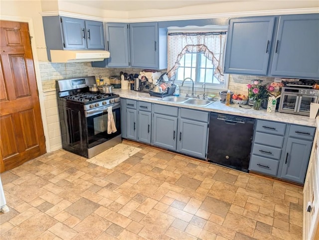 43 Summit St, Woonsocket, RI 02895 - kitchen featuring stainless steel gas range, black dishwasher, under cabinet range hood, decorative backsplash, and light countertops