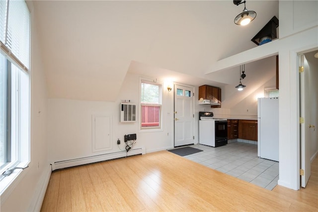 10 Hendricks St, South Kingstown, RI 02879 - kitchen featuring range with electric stovetop, freestanding refrigerator, baseboard heating, light countertops, and under cabinet range hood