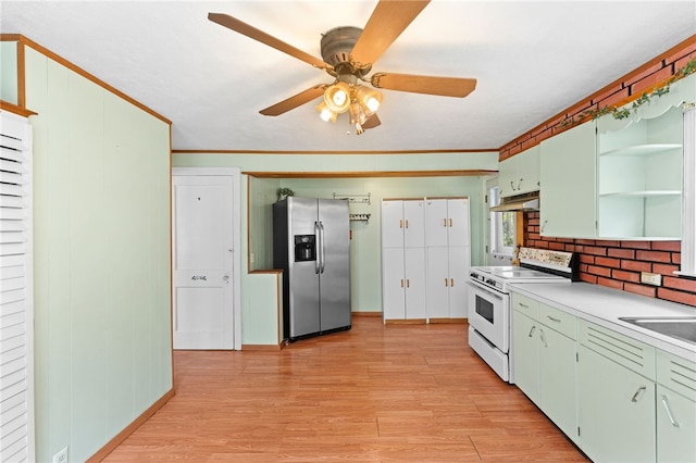 34 Tilden Ave, Warwick, RI 02888 - kitchen with stainless steel refrigerator with ice dispenser, white range oven, open shelves, under cabinet range hood, and light wood-type flooring