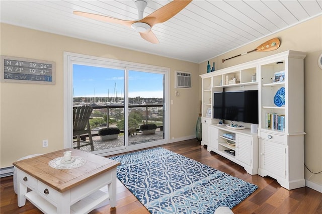 1503 Capella S Unit 1503, Newport, RI 02840 - living room with an AC wall unit, dark wood-type flooring, and a ceiling fan