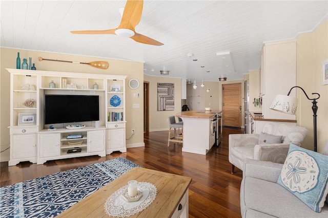 1503 Capella S Unit 1503, Newport, RI 02840 - living area featuring wood ceiling, a ceiling fan, and dark wood-style floors