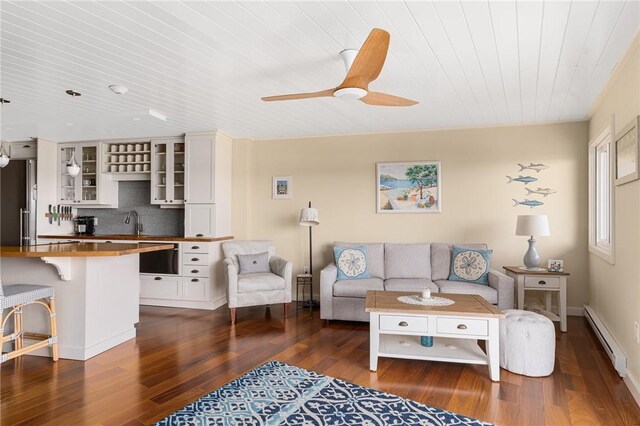 1503 Capella S Unit 1503, Newport, RI 02840 - living area featuring a baseboard radiator, wood ceiling, dark wood-type flooring, and a ceiling fan