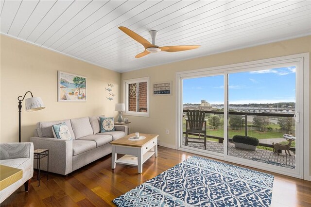 1503 Capella S Unit 1503, Newport, RI 02840 - living area featuring ceiling fan, wood finished floors, and wood ceiling