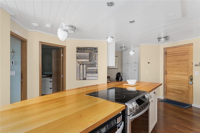 1503 Capella S Unit 1503, Newport, RI 02840 - kitchen featuring stainless steel range with electric stovetop, butcher block counters, wooden ceiling, dark wood finished floors, and hanging light fixtures