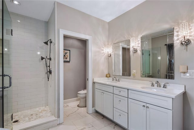 42 Aubin St, Seekonk, MA 02771 - bathroom featuring a shower stall, double vanity, and marble finish flooring