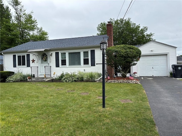 70 Partition St, Warwick, RI 02888 - view of front of house with a chimney, a front lawn, asphalt driveway, and a shingled roof