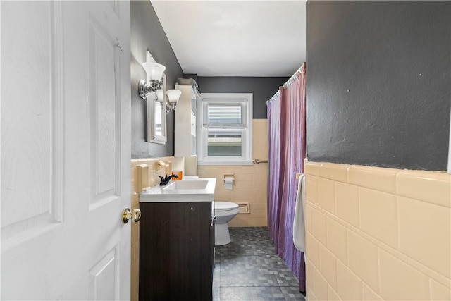 166 Midwood St, Cranston, RI 02910 - bathroom with vanity, tile walls, a shower with shower curtain, and a wainscoted wall