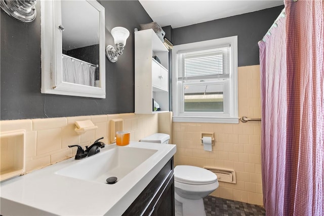 166 Midwood St, Cranston, RI 02910 - full bathroom with tile walls, vanity, curtained shower, and tile patterned floors