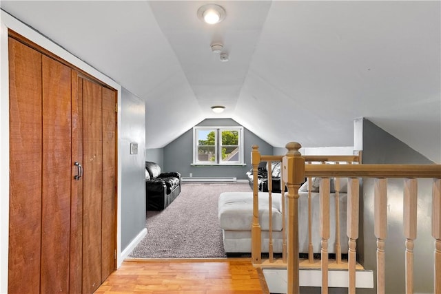 166 Midwood St, Cranston, RI 02910 - bedroom with vaulted ceiling, light wood-style flooring, and a baseboard heating unit