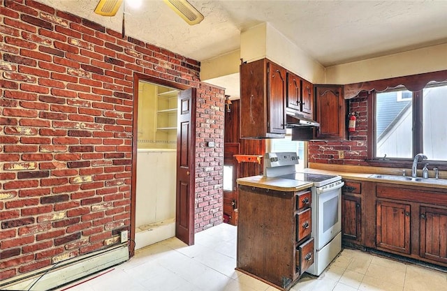 59 Colonial Ave, Cranston, RI 02910 - kitchen featuring electric stove, under cabinet range hood, a ceiling fan, and light countertops