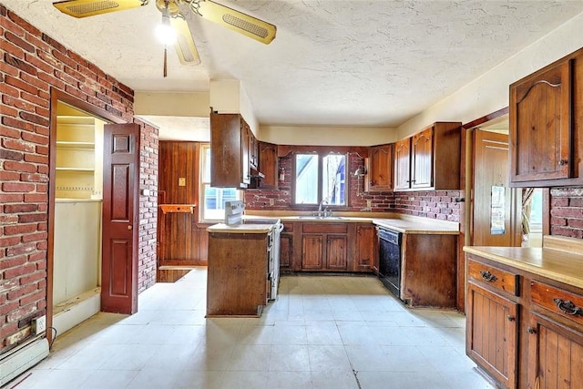 59 Colonial Ave, Cranston, RI 02910 - kitchen featuring black dishwasher, white electric stove, ceiling fan, light countertops, and brick wall